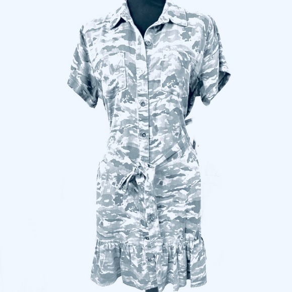 AQUA Gray Camouflage Shirt Dress - Picture 1 of 6